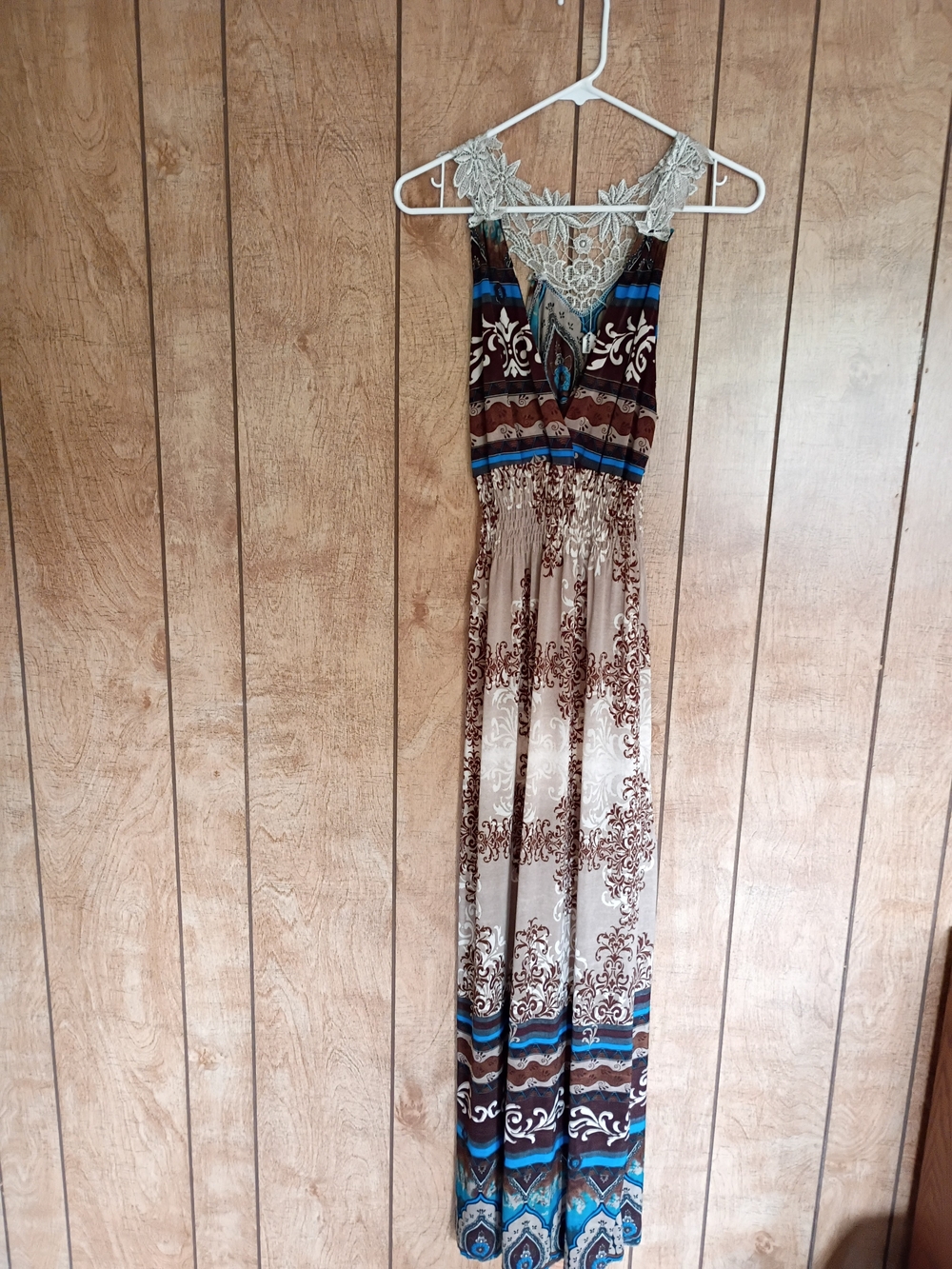 Boho Lace-Trim Maxi Dress in Brown & Blue